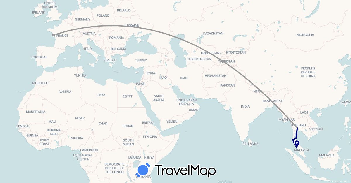 TravelMap itinerary: driving, plane in France, Malaysia, Thailand (Asia, Europe)